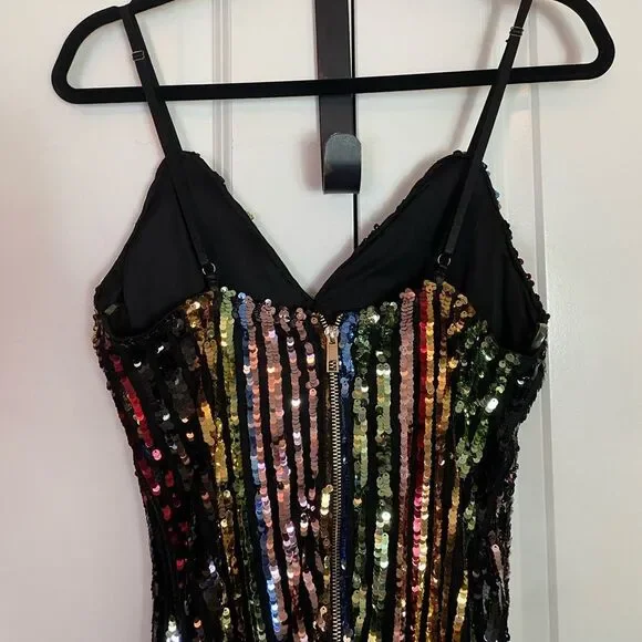 Fashion Nova Black and Green Sequin striped Dress adjustable straps NWT size L - Picture 9 of 16